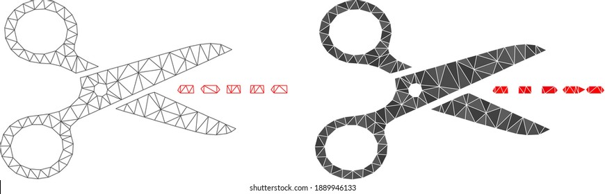 Mesh scissors line polygonal icon illustrations, filled and carcass versions. Vector mesh scissors line icons. Wire carcass and filled flat net geometric images based on scissors line icon.