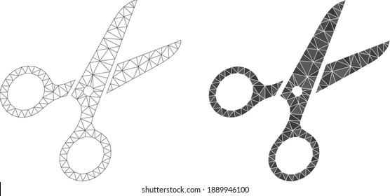 Mesh scissors polygonal icon illustrations, filled and carcass versions. Vector net mesh scissors icons. Wire carcass and filled flat net geometric symbols based on scissors icon.