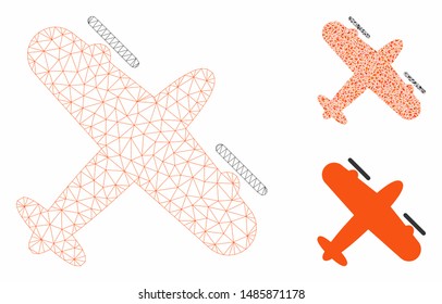 Mesh screw aeroplane model with triangle mosaic icon. Wire frame polygonal mesh of screw aeroplane. Vector mosaic of triangle elements in variable sizes, and color tones.
