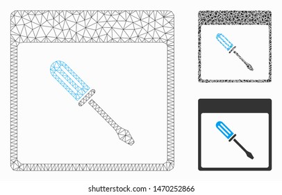Mesh screwdriver calendar page model with triangle mosaic icon. Wire frame polygonal mesh of screwdriver calendar page. Vector mosaic of triangle elements in different sizes, and color shades.