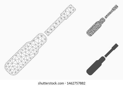 Mesh screwdriver model with triangle mosaic icon. Wire carcass polygonal mesh of screwdriver. Vector composition of triangle parts in variable sizes, and color tones. Abstract 2d mesh screwdriver,