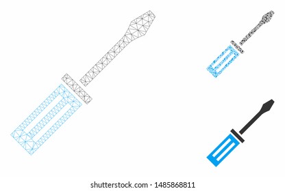 Mesh screwdriver model with triangle mosaic icon. Wire frame polygonal network of screwdriver. Vector mosaic of triangle parts in variable sizes, and color hues. Abstract 2d mesh screwdriver,