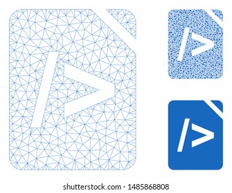 Mesh script code model with triangle mosaic icon. Wire frame triangular mesh of script code. Vector composition of triangle parts in variable sizes, and color hues. Abstract flat mesh script code,