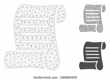 Mesh script roll model with triangle mosaic icon. Wire frame triangular mesh of script roll. Vector mosaic of triangle parts in variable sizes, and color tones. Abstract 2d mesh script roll,