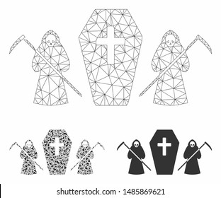 Mesh scytheman coffin guard model with triangle mosaic icon. Wire frame triangular mesh of scytheman coffin guard. Vector composition of triangle parts in different sizes, and color tones.