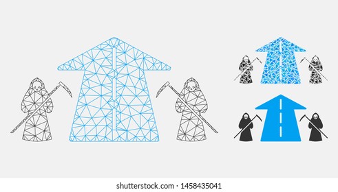Mesh scytheman future road model with triangle mosaic icon. Wire frame triangular network of scytheman future road. Vector mosaic of triangle elements in variable sizes, and color tints.