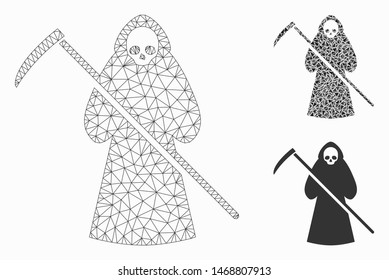 Mesh scytheman model with triangle mosaic icon. Wire carcass triangular mesh of scytheman. Vector mosaic of triangle parts in various sizes, and color tints. Abstract 2d mesh scytheman,