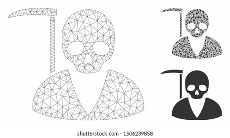 Mesh scytheman model with triangle mosaic icon. Wire carcass polygonal mesh of scytheman. Vector mosaic of triangle parts in different sizes, and color shades. Abstract flat mesh scytheman,