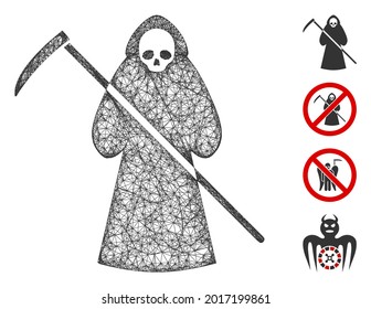 Mesh scytheman web icon vector illustration. Carcass model is based on scytheman flat icon. Network forms abstract scytheman flat carcass. Wire frame flat web network isolated on a white background.
