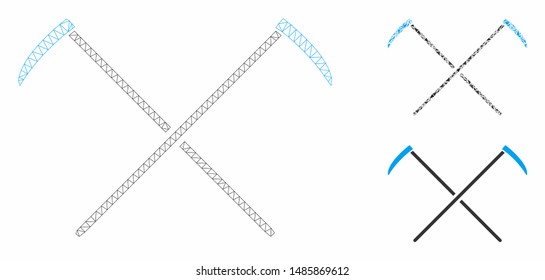 Mesh scythes model with triangle mosaic icon. Wire carcass triangular mesh of scythes. Vector mosaic of triangle parts in various sizes, and color tinges. Abstract 2d mesh scythes,