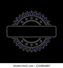 Mesh seal stamp template icon and blue diamonds. White seal stamp template model on a black background. Abstract polygonal mesh structure.