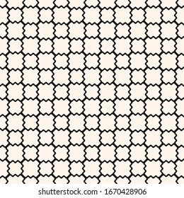 Mesh seamless pattern with thin wavy lines. Vector texture of lace, weaving, smooth lattice, grid, net, fence. Subtle monochrome geometric background. Simple black and white ornament. Repeat design