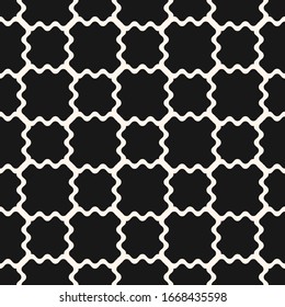 Mesh seamless pattern. Vector texture of wavy grid, weaving, smooth lattice, net. Subtle monochrome geometric background, repeat tiles. Simple black and white ornament. Dark minimal decorative design