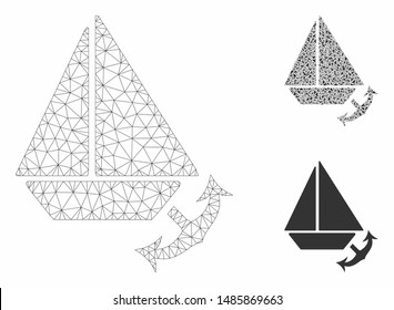 Mesh seaport model with triangle mosaic icon. Wire carcass polygonal mesh of seaport. Vector mosaic of triangle parts in different sizes, and color tones. Abstract flat mesh seaport,