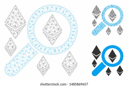 Mesh search Ethereum model with triangle mosaic icon. Wire carcass triangular network of search Ethereum. Vector mosaic of triangle parts in different sizes, and color hues.