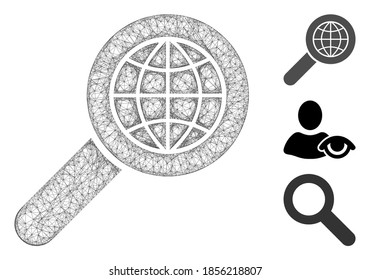 El globo de búsqueda en malla coloca la imagen vectorial 2d web poligonal. El modelo de canales se basa en el icono plano del lugar de búsqueda. Las formas de malla triangular forman un globo de búsqueda abstracto colocan canales planos.