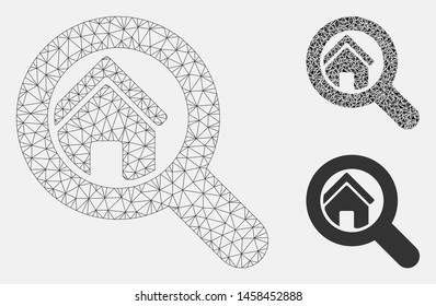 Mesh search house model with triangle mosaic icon. Wire frame triangular mesh of search house. Vector collage of triangle elements in variable sizes, and color tinges. Abstract 2d mesh search house,