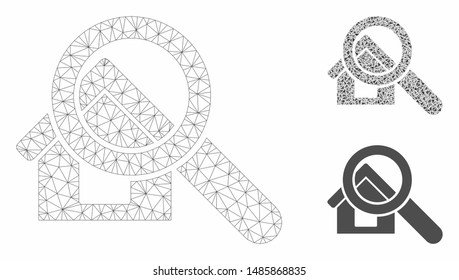 Mesh search house model with triangle mosaic icon. Wire frame triangular mesh of search house. Vector mosaic of triangle parts in different sizes, and color tinges. Abstract flat mesh search house,