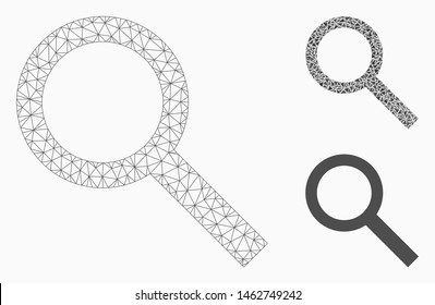 Mesh search model with triangle mosaic icon. Wire carcass polygonal mesh of search. Vector mosaic of triangle parts in different sizes, and color tints. Abstract flat mesh search,