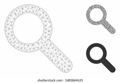 Mesh search model with triangle mosaic icon. Wire carcass polygonal mesh of search. Vector mosaic of triangle elements in various sizes, and color hues. Abstract 2d mesh search,