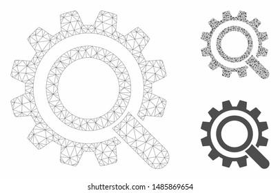 Mesh search options gear model with triangle mosaic icon. Wire frame triangular mesh of search options gear. Vector mosaic of triangle parts in various sizes, and color shades.