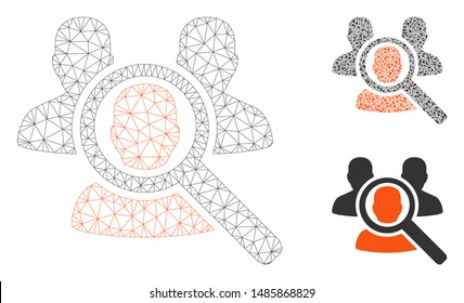 Mesh search patient model with triangle mosaic icon. Wire frame polygonal mesh of search patient. Vector mosaic of triangle elements in various sizes, and color tones. Abstract 2d mesh search patient,