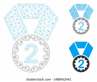 Mesh second place model with triangle mosaic icon. Wire frame triangular network of second place. Vector mosaic of triangle elements in different sizes, and color tinges.