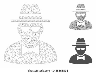 Mesh secret agent model with triangle mosaic icon. Wire carcass triangular network of secret agent. Vector mosaic of triangle parts in variable sizes, and color tinges. Abstract 2d mesh secret agent,