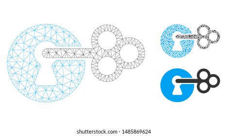 Mesh secret key model with triangle mosaic icon. Wire carcass triangular mesh of secret key. Vector mosaic of triangle parts in variable sizes, and color tones. Abstract flat mesh secret key,