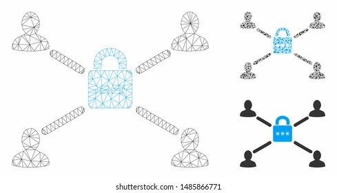 Mesh secured lock relations model with triangle mosaic icon. Wire carcass polygonal mesh of secured lock relations. Vector mosaic of triangle elements in various sizes, and color tones.