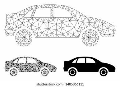 Mesh sedan car model with triangle mosaic icon. Wire carcass triangular network of sedan car. Vector mosaic of triangle parts in various sizes, and color tints. Abstract 2d mesh sedan car,