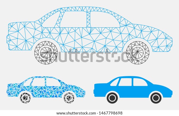 Mesh\
sedan car model with triangle mosaic icon. Wire carcass polygonal\
mesh of sedan car. Vector mosaic of triangle parts in variable\
sizes, and color tinges. Abstract 2d mesh sedan\
car,