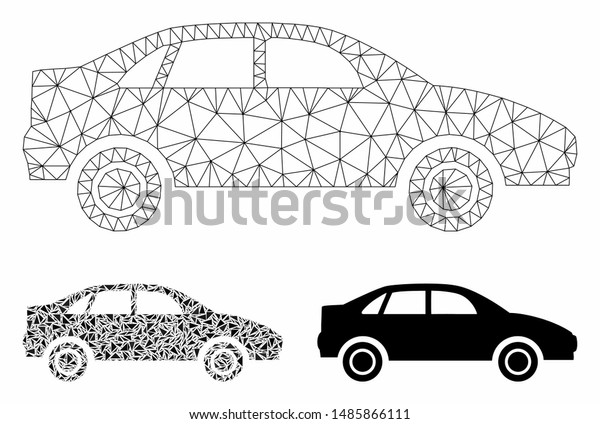 Mesh\
sedan car model with triangle mosaic icon. Wire carcass triangular\
network of sedan car. Vector mosaic of triangle parts in various\
sizes, and color tints. Abstract 2d mesh sedan\
car,