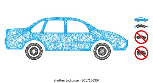 Mesh sedan car web icon vector illustration. Carcass model is based on sedan car flat icon. Network forms abstract sedan car flat carcass. Wire frame 2D web network isolated on a white background.