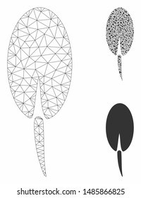 Mesh seed root model with triangle mosaic icon. Wire carcass polygonal mesh of seed root. Vector mosaic of triangle elements in various sizes, and color tinges. Abstract 2d mesh seed root,