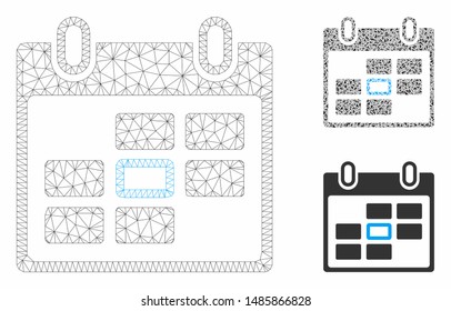 Mesh selected calendar day model with triangle mosaic icon. Wire carcass polygonal mesh of selected calendar day. Vector mosaic of triangle elements in variable sizes, and color tints.