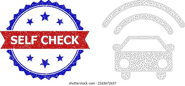 Mesh self driving car wireframe icon, and bicolor unclean Self Check watermark. Mesh wireframe illustration created from self driving car icon.