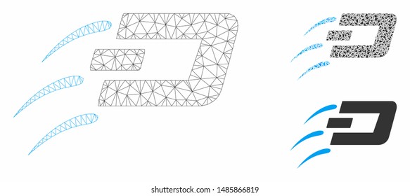 Mesh send Dash model with triangle mosaic icon. Wire carcass polygonal mesh of send Dash. Vector mosaic of triangle elements in variable sizes, and color tints. Abstract flat mesh send Dash,