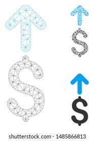 Mesh send dollar model with triangle mosaic icon. Wire frame polygonal mesh of send dollar. Vector composition of triangle elements in different sizes, and color tones. Abstract flat mesh send dollar,