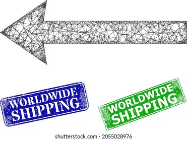 Mesh schicken Sie links Modell, und weltweit versenden blaue und grüne Rechteck grunge Briefmarken. Polygonal Carcass Illustration wurde mit Sende-Linkspiktogramm entworfen.