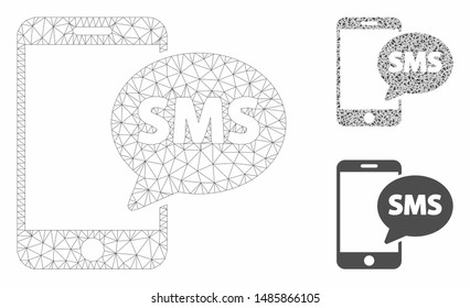 Mesh send phone SMS model with triangle mosaic icon. Wire frame polygonal mesh of send phone SMS. Vector mosaic of triangles in various sizes, and color tinges. Abstract 2d mesh send phone SMS,