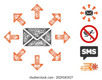 Ilustración vectorial de icono web de envío de malla. El modelo de canales se basa en el icono plano de envío de spam. Los formularios de malla envían de forma abstracta canales planos de spam. red web plana wireframe aislada en un fondo blanco.