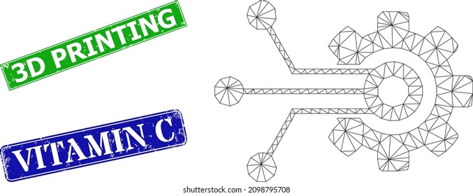 Mesh sensor gear model, and 3D Printing blue and green rectangular rubber stamp seals. Polygonal wireframe symbol designed with sensor gear pictogram.