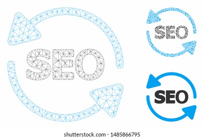 Mesh seo process model with triangle mosaic icon. Wire frame triangular mesh of seo process. Vector mosaic of triangle elements in variable sizes, and color tinges. Abstract 2d mesh seo process,
