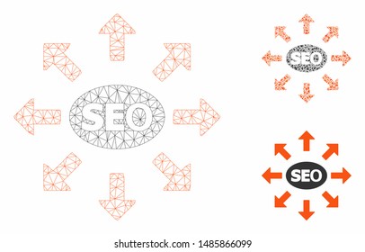 Mesh seo spam model with triangle mosaic icon. Wire carcass polygonal mesh of seo spam. Vector collage of triangle elements in variable sizes, and color tinges. Abstract 2d mesh seo spam,