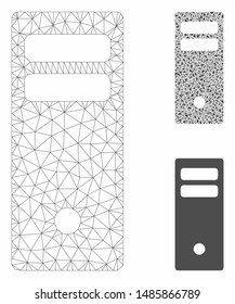 Mesh server mainframe model with triangle mosaic icon. Wire frame polygonal mesh of server mainframe. Vector composition of triangles in various sizes, and color shades.