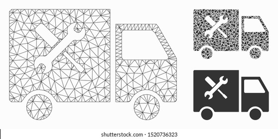 Mesh service car model with triangle mosaic icon. Wire frame polygonal mesh of service car. Vector mosaic of triangle elements in different sizes, and color tinges. Abstract flat mesh service car,