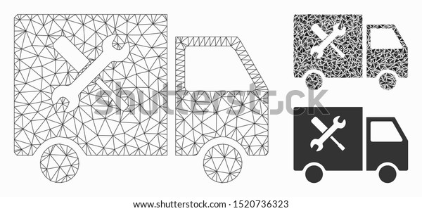 Mesh service car model with triangle mosaic icon.\
Wire frame polygonal mesh of service car. Vector mosaic of triangle\
elements in different sizes, and color tinges. Abstract flat mesh\
service car,