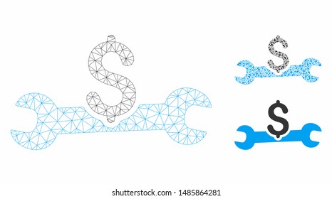 Mesh service cost model with triangle mosaic icon. Wire frame triangular mesh of service cost. Vector collage of triangle parts in different sizes, and color tints. Abstract flat mesh service cost,