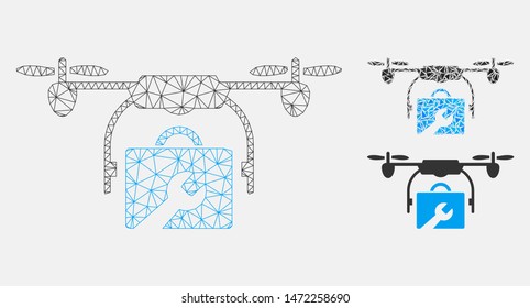 Mesh service drone model with triangle mosaic icon. Wire carcass polygonal mesh of service drone. Vector mosaic of triangle elements in different sizes, and color tinges.